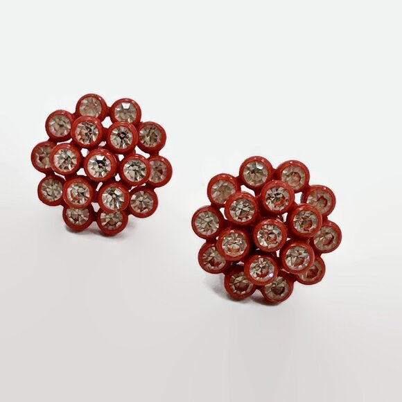 Vintage Earrings, 40s, 50s, Rhinestones, Sparkly, Red,Mid Century, Screw Backs - Picture 2 of 3